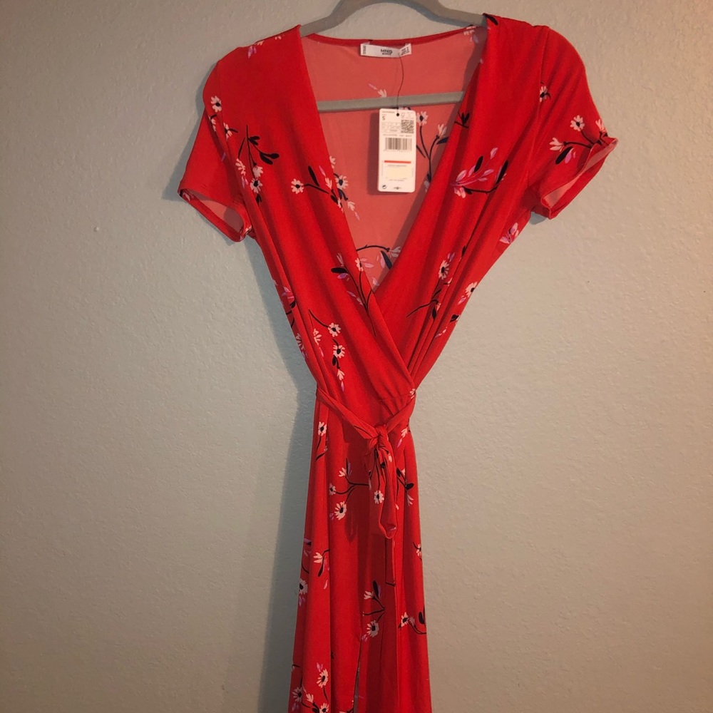 Red floral printed wrap dress